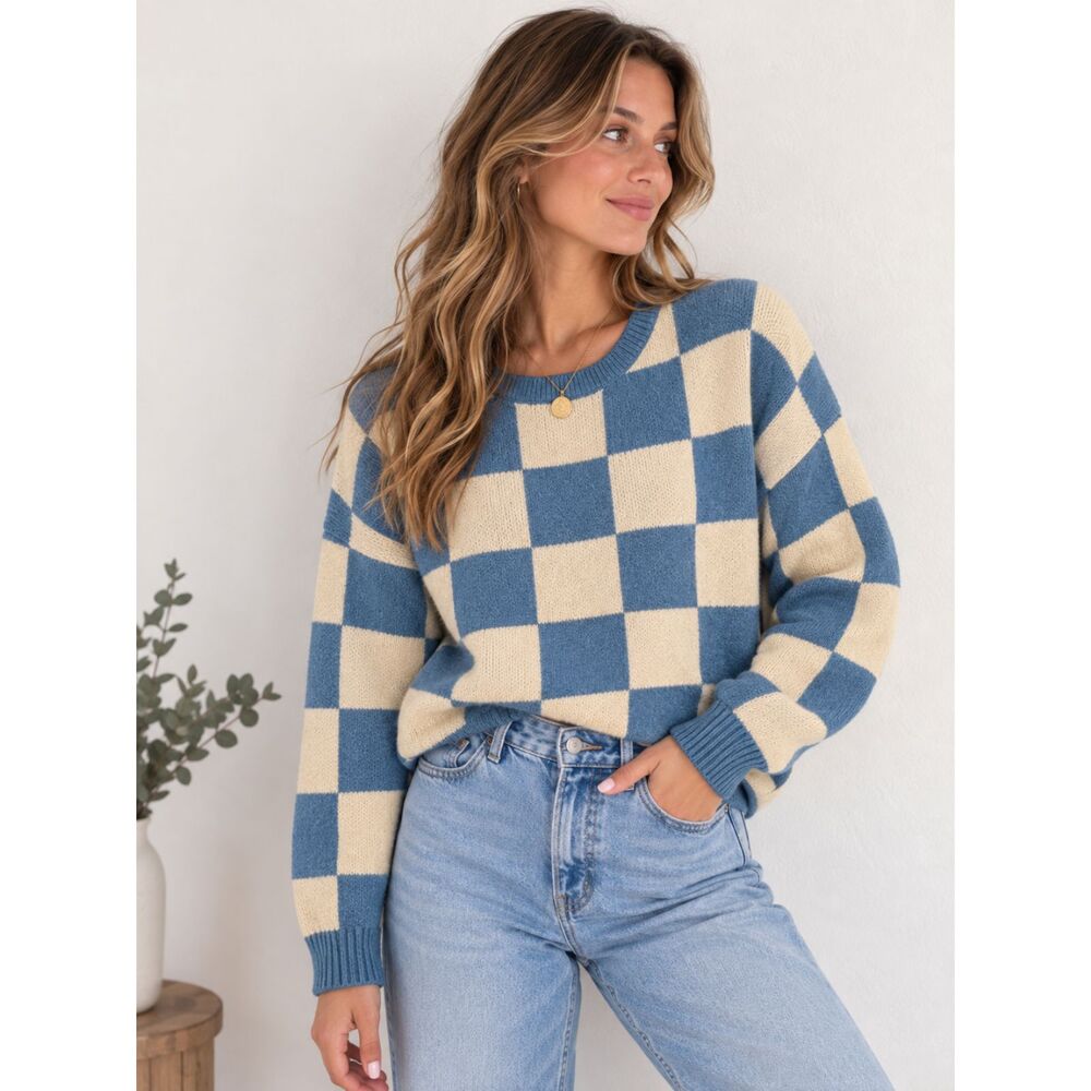 Listicle Blue Butter Yellow Checkered Sweater Women’s L Checkerboard Preppy Knit